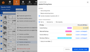 A screenshot of the new bulk update markups/margins feature inside Paperless Parts in which an inside markup is being set to 20% while material, outside, and hardware markups are left unchanged for 7 line items.